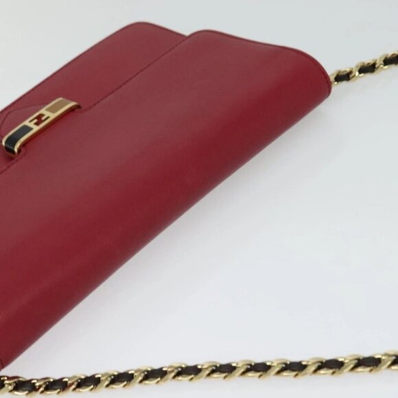 FENDI Chain Shoulder Bag Leather Red Gold Auth 125939 - Picture 7 of 16